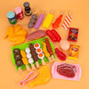 Kids pretend BBQ play set with colorful toy food items and grill accessories for imaginative cooking fun.