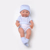 Lifelike 14-inch reborn baby doll with realistic design, wearing a white outfit and blue hat, made from soft silicone.