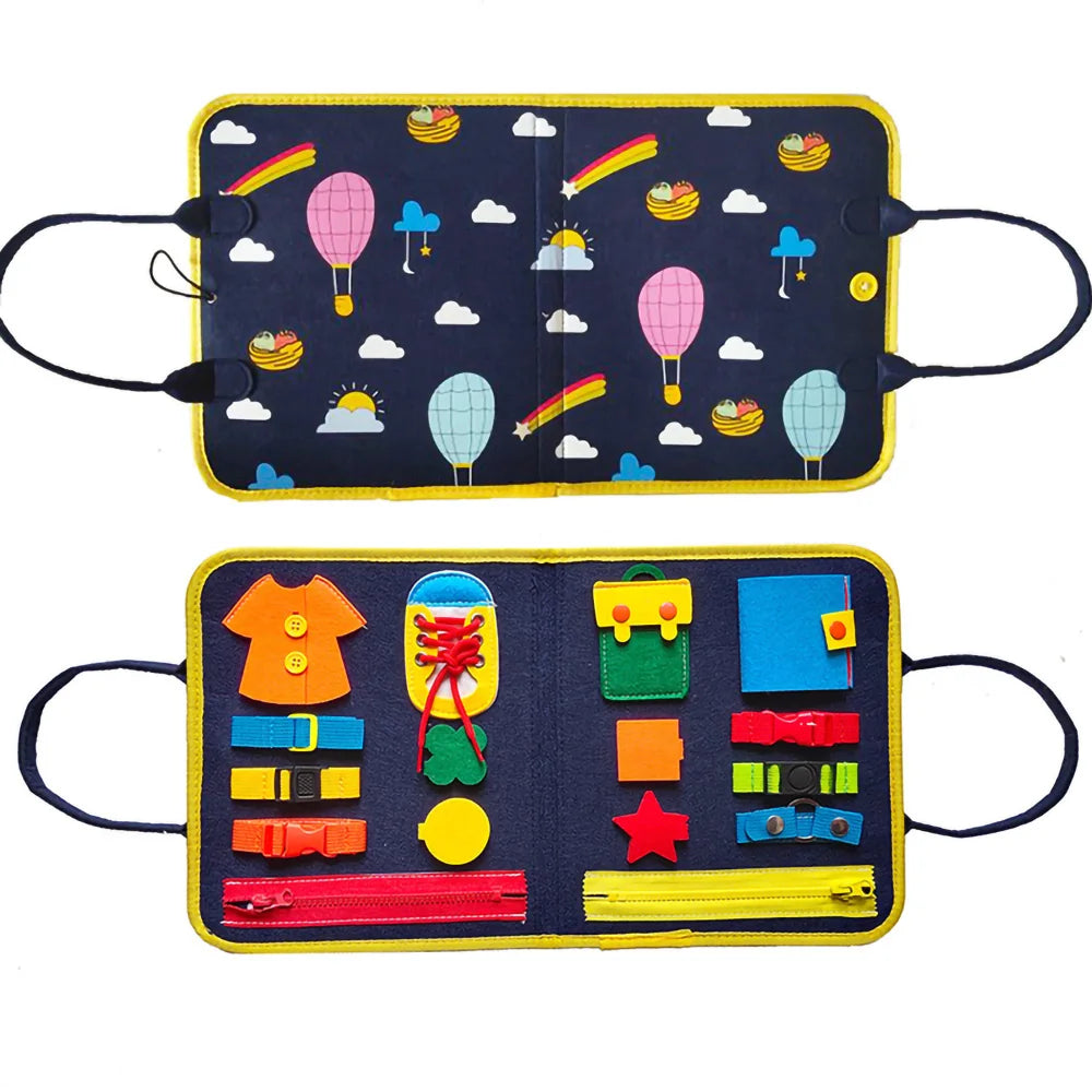 Montessori Busy Board Felt Cloth Book with colorful interactive activities for toddlers, enhancing fine motor skills and learning.