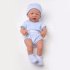 Lifelike 14-inch reborn baby doll in blue outfit, featuring realistic design and soft silicone body for nurturing play and gentle bathing.