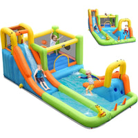 Kids playing on a colorful 20.5 x 11 FT giant inflatable water slide park with double slides, splash pool, bounce house, and climbing wall.