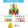 50-piece colorful wooden building blocks set for kids with storage bag and design booklet.