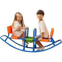 Kids playing on an outdoor teeter totter seesaw, designed for active play and motor skill development, suitable for toddlers and children.