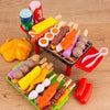 Kids pretend BBQ play set with grill, colorful food items, and kitchen accessories for fun role-playing and educational play.