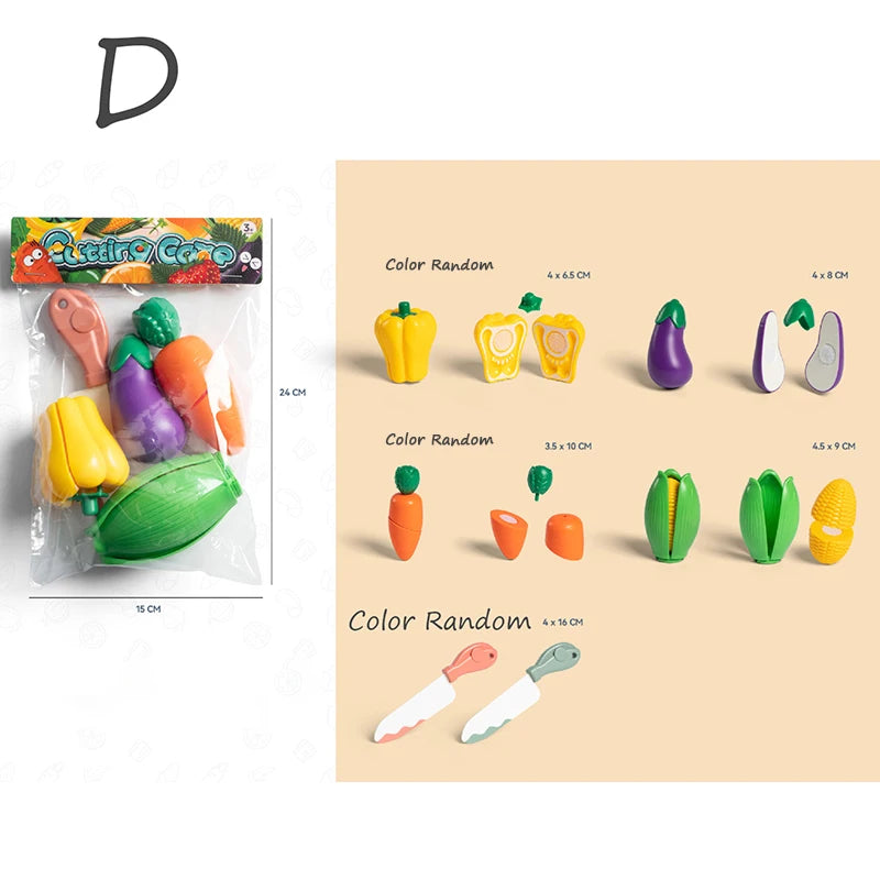 Kids pretend play kitchen set with colorful realistic food toys including vegetables like peppers, carrots, and corn.