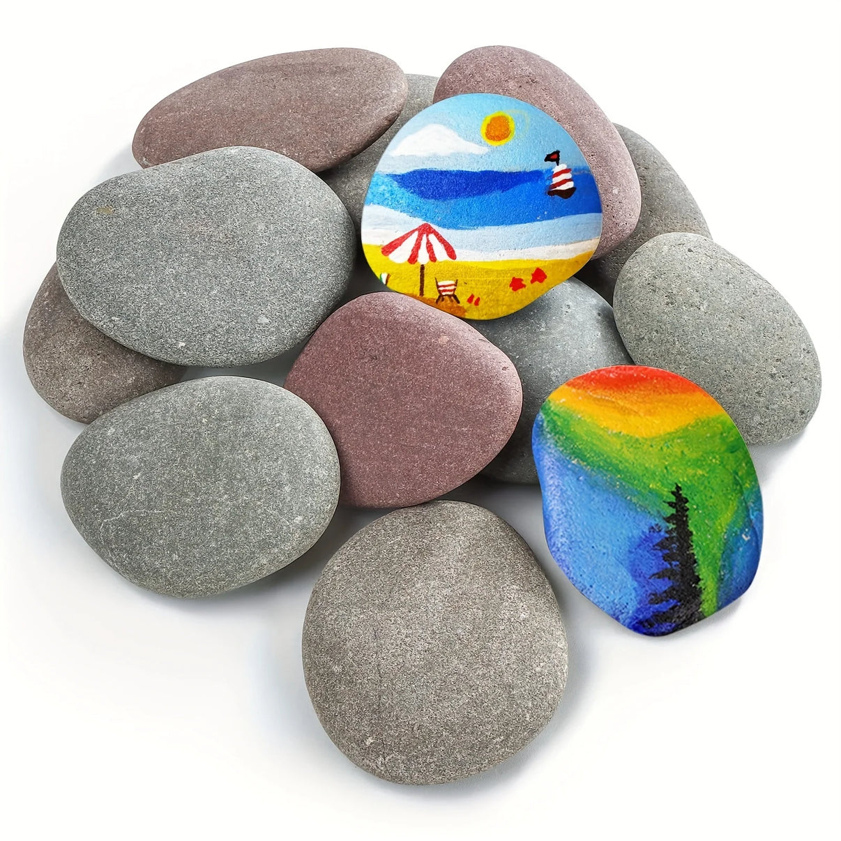 Hand-painted river stones set with colorful designs, ideal for DIY art and garden decoration. 12 pieces. Crafting and Painting.