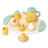 Kids wooden afternoon tea play set with colorful teapot, cups, and pretend desserts for imaginative role-play and storytelling.