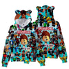 Roblox cat ear hooded sweatshirt with vibrant digital prints and playful characters for kids' winter fashion.