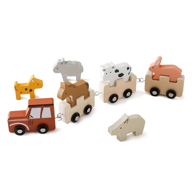 Wooden train building blocks with farm animal shapes for kids' educational play and Montessori learning.