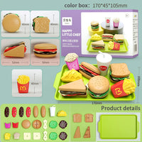 Pretend play kitchen set with 27 pieces including toy hamburgers, fries, and accessories for imaginative role-play and educational fun.