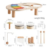 Wooden musical instruments set for kids with measurements and components for creative play and sensory development.