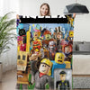 Woman holding a Roblox-themed winter sofa blanket with colorful game character designs in a living room setting.