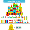 Colorful wooden building blocks set with 100 pieces in various shapes, ideal for creative play and skill development.