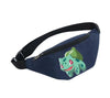 Navy waterproof shoulder bag featuring Bulbasaur design, ideal for Pokemon fans. Spacious and durable for travel and outdoor use.