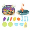 Electric kitchen sink toy with play dishes, utensils, and food for interactive pretend dishwashing fun for kids.