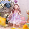 Articulated 1/6 BJD doll wearing a stylish purple dress with lace, posed in a floral setting, perfect for imaginative play.