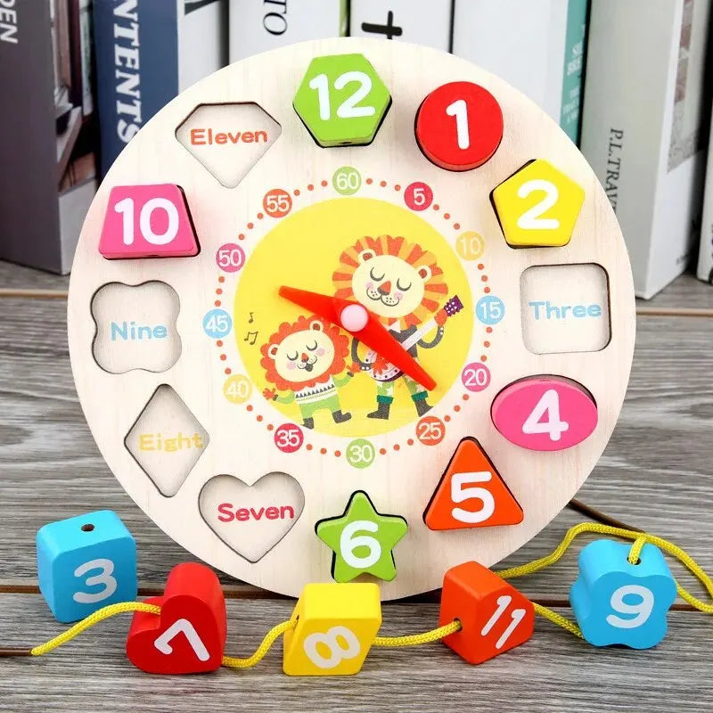 Montessori wooden clock puzzle for kids with colorful numbers and lion design promoting educational fun and cognitive skills.