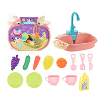 Electric kitchen sink toy set with faucet, dishes, and play food for toddlers. Perfect for pretend play and education.