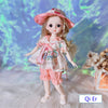 Fashion doll with hat and pink outfit standing on furry surface, vibrant background.