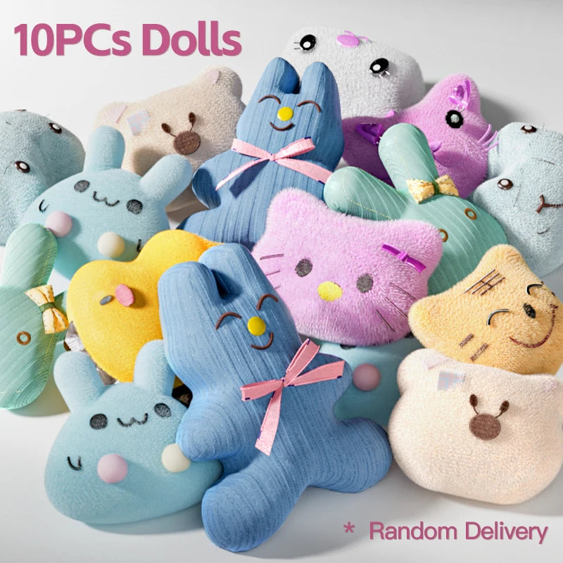 Cute variety of plush doll toys in different colors and animal designs, set of 10, random delivery.