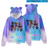 Roblox cat ear hooded sweatshirt with vibrant prints, featuring Roblox characters and playful cat ears for kids' winter fashion.