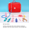 Wooden doctor pretend play set for kids with stethoscope, syringe, and medical tools in a red bag.