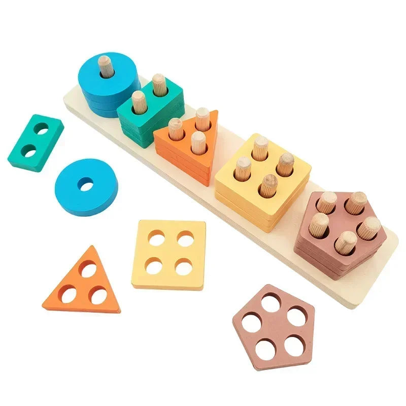 Montessori wooden shape sorting toy with colorful stacking blocks for kids' educational play and learning skills development.