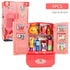 Mini toy fridge with open double doors showing food toys, ideal for kids' pretend play kitchens and role-playing.