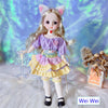 Fashion doll with cat ears in colorful outfit, standing on a fluffy surface, set against a shimmering background.