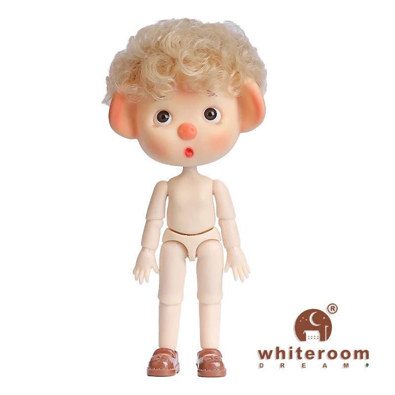 Mini Piggy BJD Doll with curly hair, showing lifelike poses and wearing brown shoes, perfect for collectors and DIY enthusiasts.