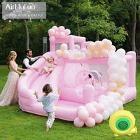 Pink inflatable bounce house with pastel design, perfect for kids' parties and weddings, as children enjoy playful fun outdoors.