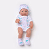 Lifelike 14-inch reborn baby doll in cloud-patterned outfit and hat, made of soft silicone for realistic play and nurturing.