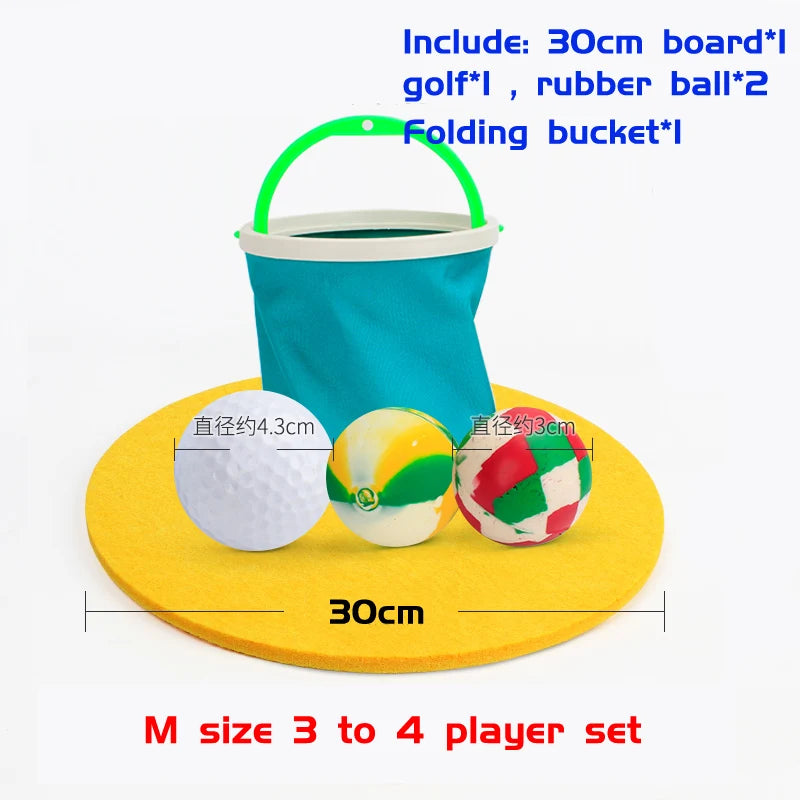 M size Balance Ball Relay Game set with board, golf ball, rubber balls, and folding bucket for 3 to 4 players.