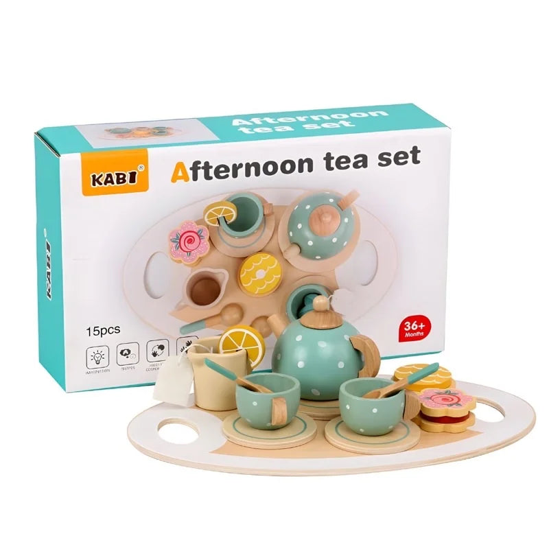 Kids Afternoon Tea Play Set in packaging, featuring wooden teapot, cups, and sweets for pretend play and imaginative storytelling.