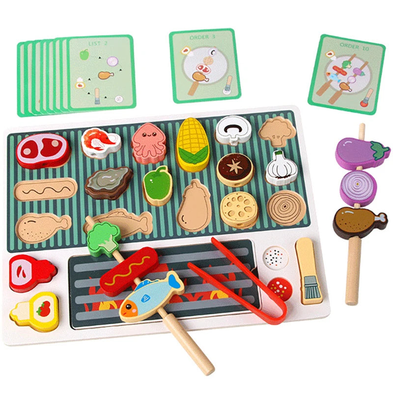 Kids wooden barbecue kitchen toy set with colorful pretend play food pieces, skewers, and grill for imaginative play and learning.