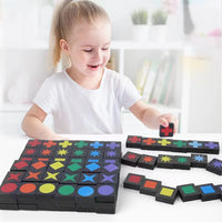 Child playing with Qwirkle Wooden Board Game, arranging colorful shapes for strategic fun and learning.