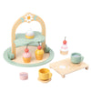 Wooden kids afternoon tea play set with cupcakes, cups, and a tea tray for imaginative role-playing and creative storytelling.