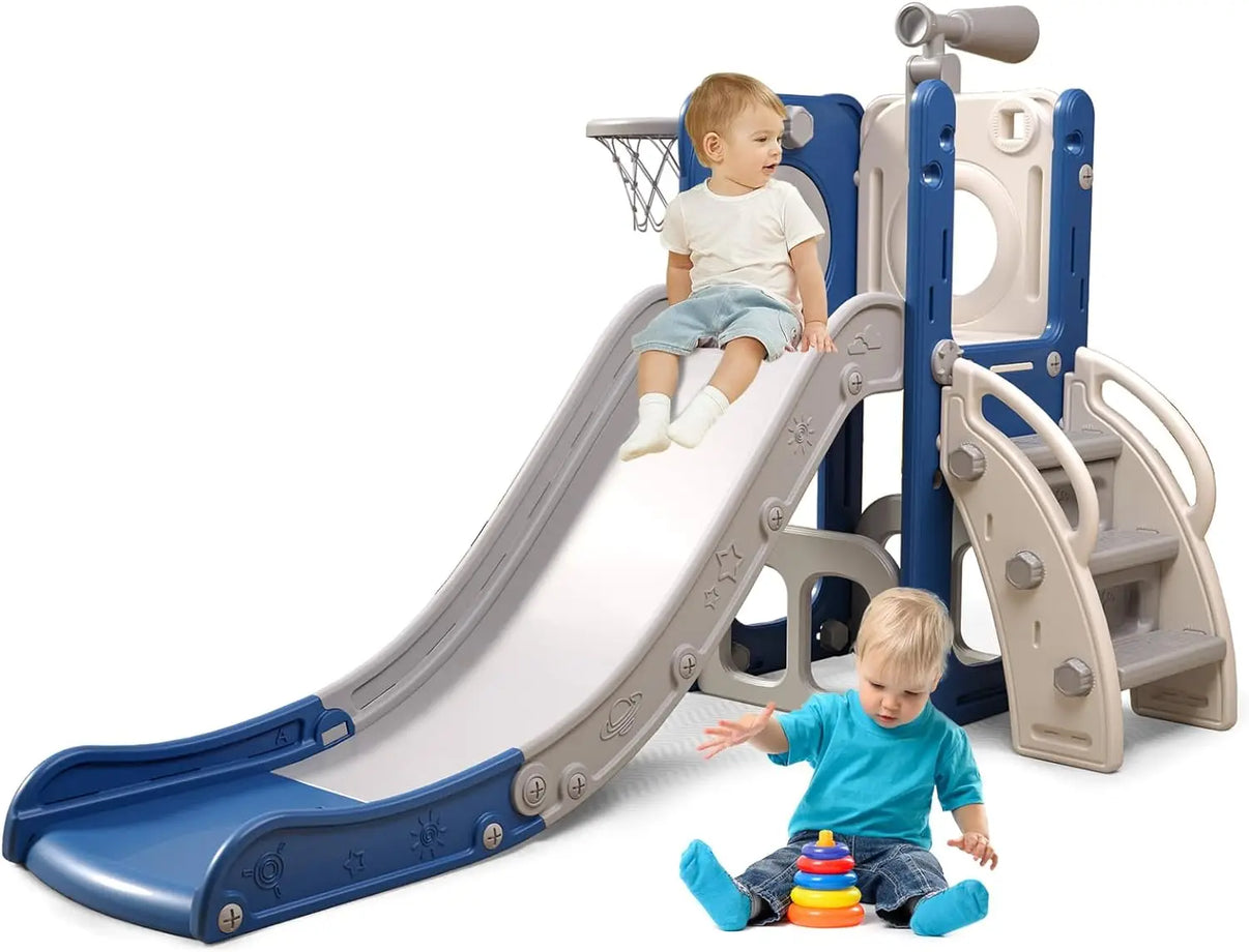 Toddler playset with slide and basketball hoop, features a smooth slide and encourages active play and motor skill development.