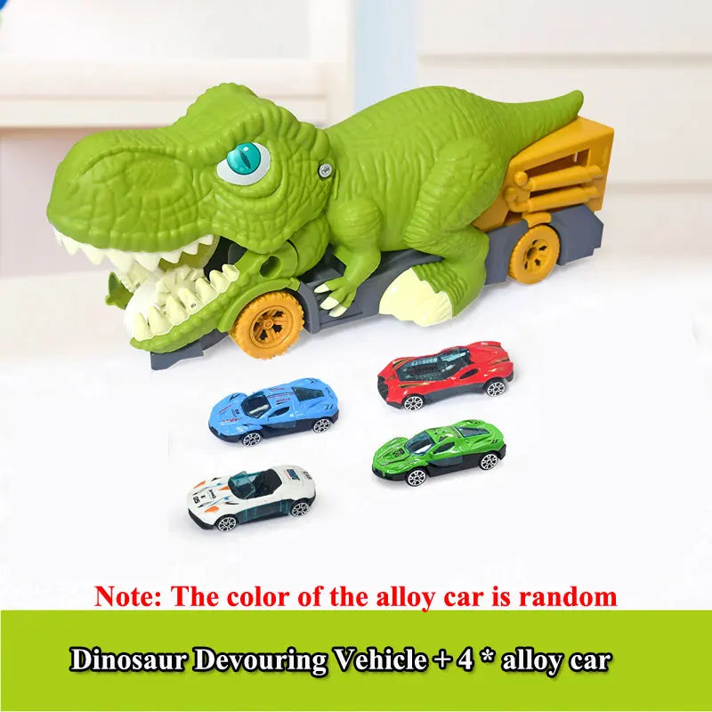 Dinosaur carrier truck toy with colorful alloy cars for kids' imaginative play.