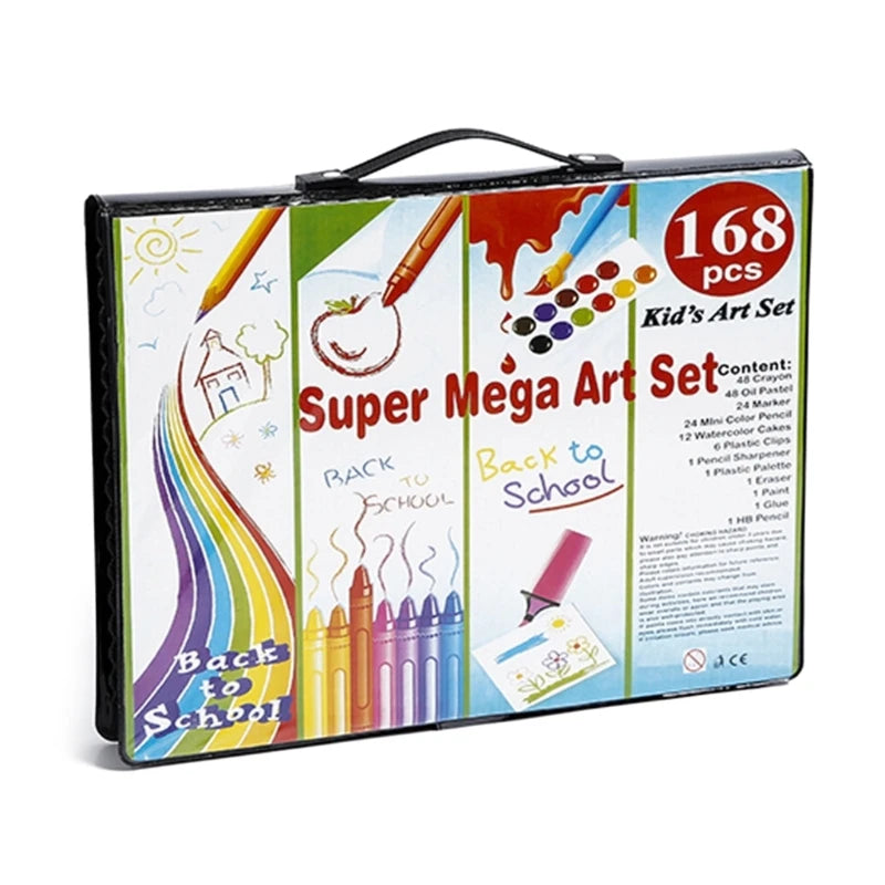 Portable 168-piece art set with crayons, watercolor pens, and accessories in a compact case for kids and adults. Ideal for travel.