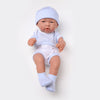 Lifelike 14-inch reborn baby doll in blue outfit, realistic design with soft silicone skin for nurturing play.