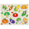 Montessori wooden puzzle with colorful vegetable shapes for kids' educational play.