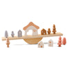 Wooden animal balance board set with colorful house and trees for Montessori stacking and threading toy.