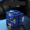 Infinity Cube Fidget Toy for stress relief and focus enhancement in blue zinc alloy.