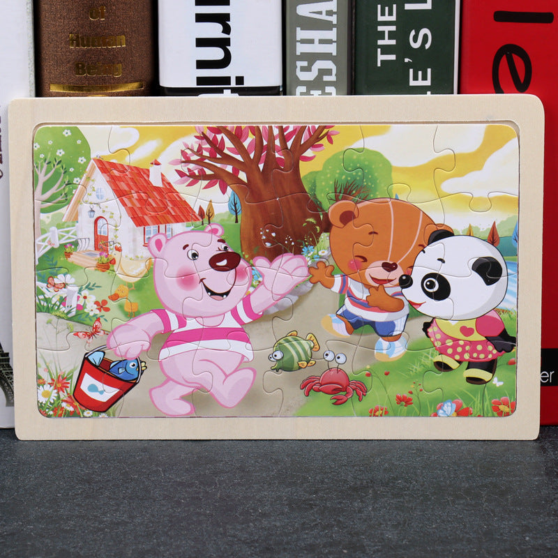 Wooden animal puzzle featuring cartoon bears and a panda in a colorful outdoor scene, enhancing children's learning and creativity.