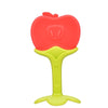 Silicone teether in apple shape with green handle, designed to soothe baby's gums and improve grip strength, suitable for ages 0-12 months.