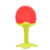 Silicone baby teether with a red, swirled top and green handle, designed to soothe and massage gums for infants.