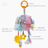 Colorful baby car hanging toy with soft fabric, built-in rattle, bell, teether, and hook for cribs and strollers.