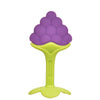 Purple grape-shaped silicone baby teether with a green handle, designed for teething relief and easy gripping for babies.