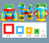 Montessori building blocks set with colorful geometric shapes in animal forms, including red, blue, green, and yellow blocks.